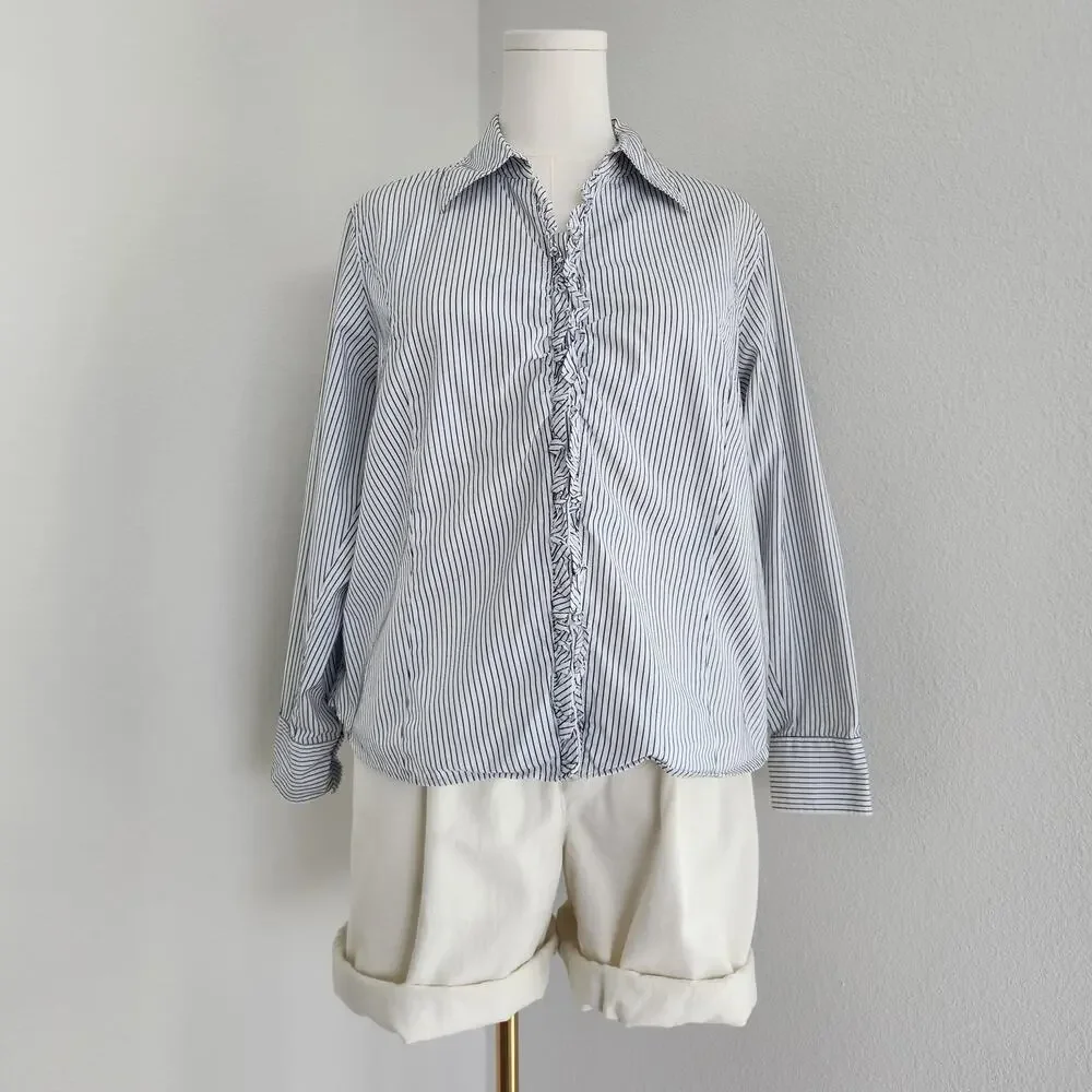 Vintage Y2K White Blue Striped Ruffle Button Down Long Sleeve Shirt Talbots L XL